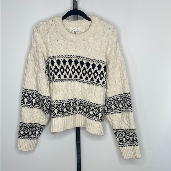MANGO Women's Jacquard Knitted Sweater White Black Sz XL Fair Isle Cable Knit - Picture 2 of 12